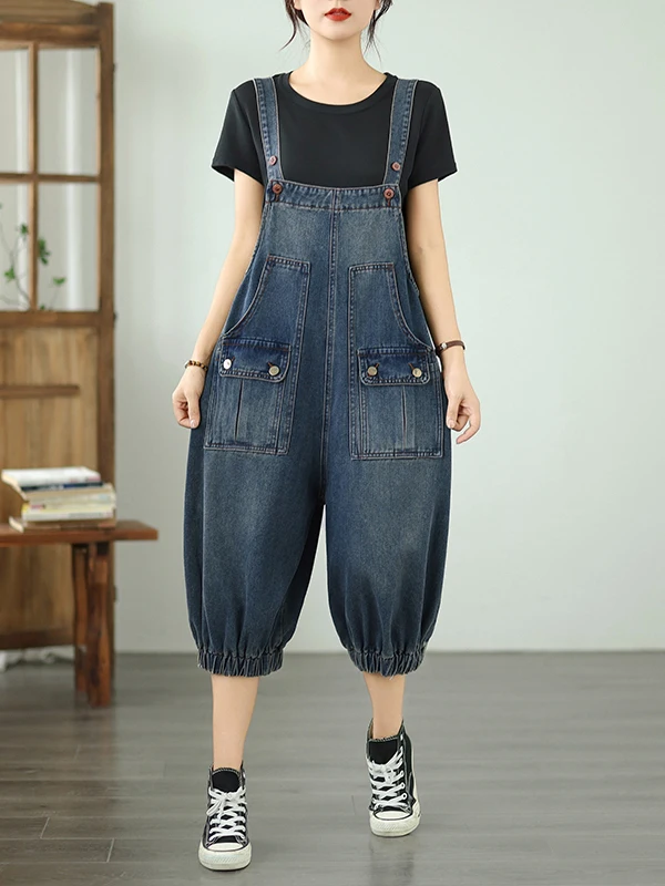

Vintage Denim Overalls Women's Summer Loose Age-Defng Versatile Seven-Quarter Lantern Pants Slimming One-Piece Jumpsuit