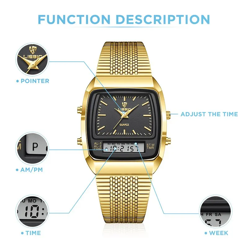 LIEBIG New Golden Steel Strap Quartz Sport Watch Mens Dual Time Week Display Digital Wristwatches Waterproof Clock Reloj Hombre