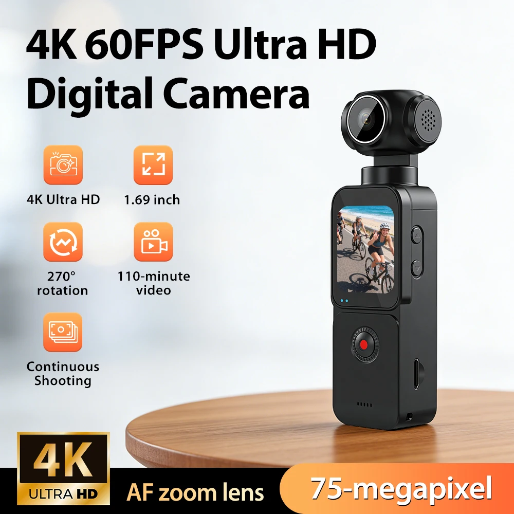 

Портативная цифровая камера с записью видео в формате 4K 60FPS/30FPS, ультра HD, 75 МП, 1,69-дюймовый экран высокой четкости