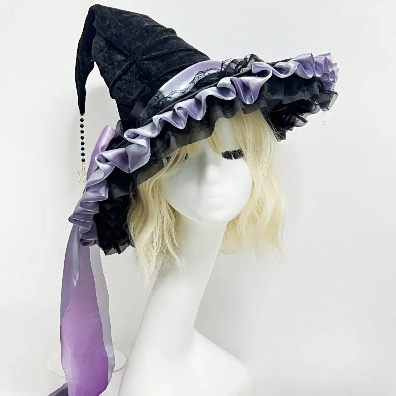 

Halloween Party Witch Hat Costume Bowknot Large Black Crooked Ruched Wizard Hat Accessory Halloween Funny Gift