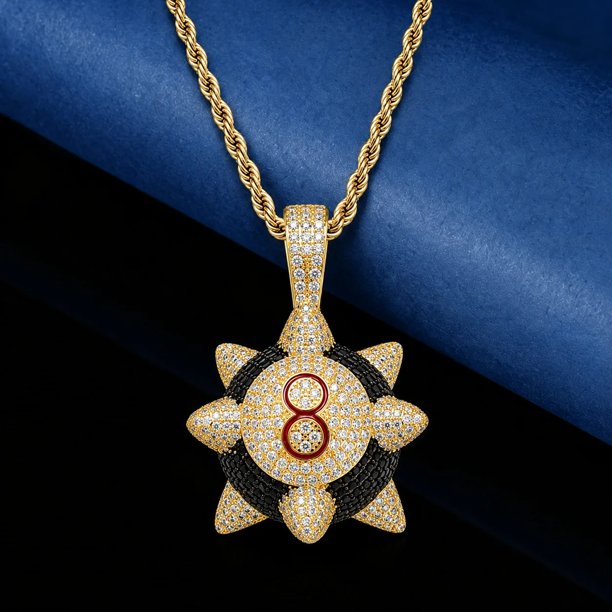 Gold Silver Iced Out Spiky 8‑Ball Billiard Pendant Necklace Pave CZ Pool Ball Design Rope Chain Hip‑Hop Men Fashion Jewelry Gift