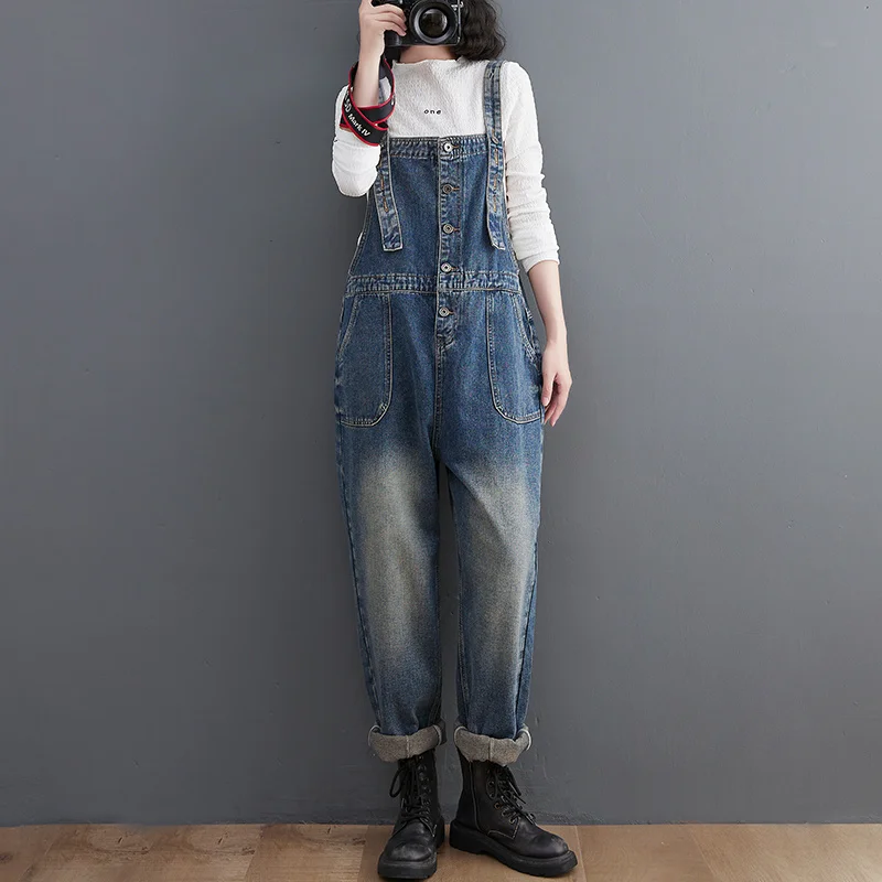 

#2379 Vintage Denim Jumpsuits Women Pockets Straight Denim Overalls For Women Single Breasted Jeans Long Jumpsuit Female Loose