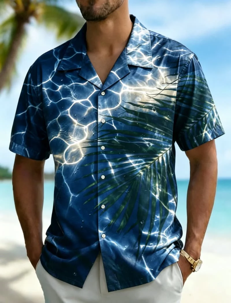 Men's water wave light and shadow natural printed Hawaiian shirt, for summer beach travel, daily dressing, parties