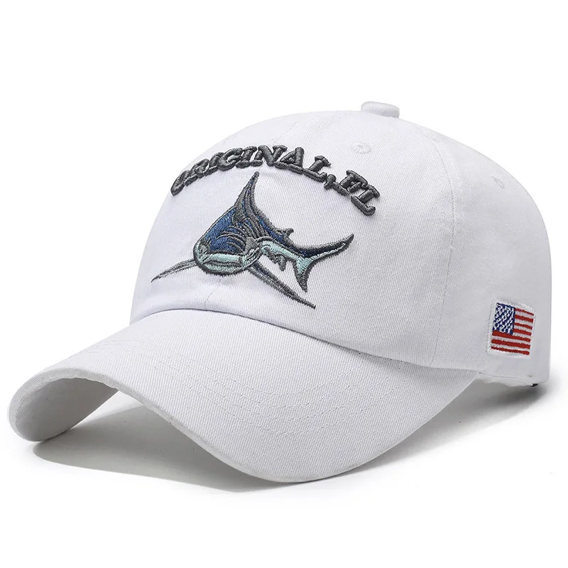 Embroidery Washed Cotton Shark Dad Hat for Men Vintage Baseball Cap Hip Hop Curved Fishing Cap Summer Fish Snapback Women Hat