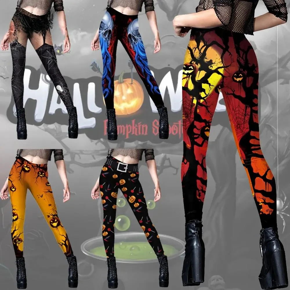 Women Leggings Sexy Tights Party Knight Wear Halloween Pumpkin Ghost Rose Skull Print Trousers Mid Waist Workout Pants