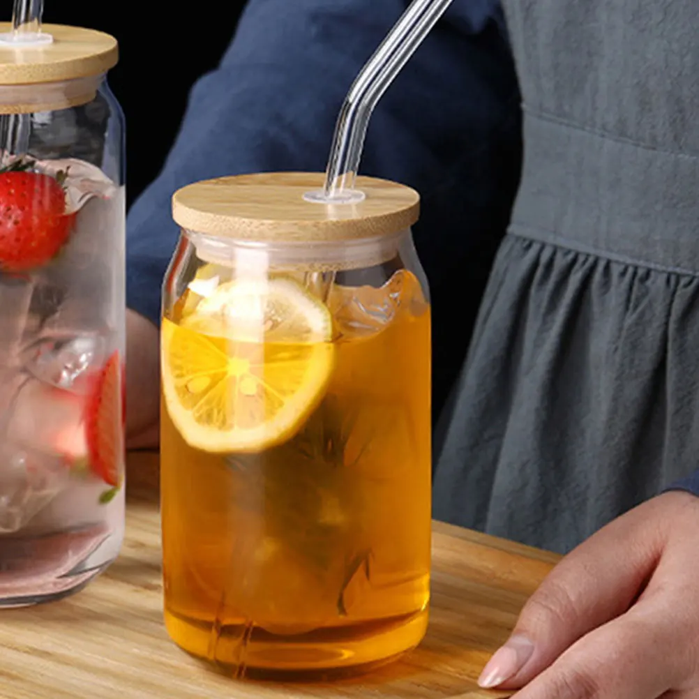 

2 Sets 12oz Glass Can Cups Clear Design 350ml Beer Glasses Bamboo Lids Straws Straw Brush Glass Juice Water Beverages Practical