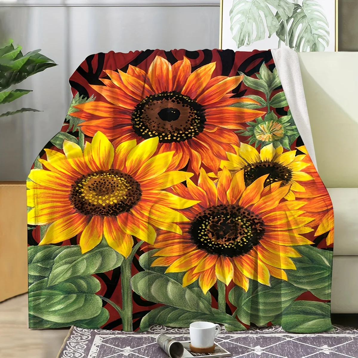 Sunflower Flannel Print Blanket - Vibrant Yellow & Orange Sunflowers with Green Leaves, Soft & Cozy Contemporary Style for Home