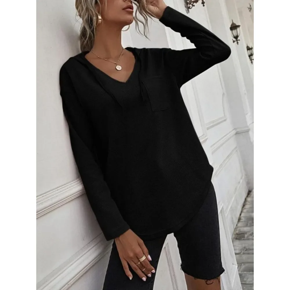 

Plus Size 1XL-5XL Women's Fashion Long-Sleeved V-neck Hoodies Tops Ladies Solid Color Pullover Hoodie Drawstring Pullovers