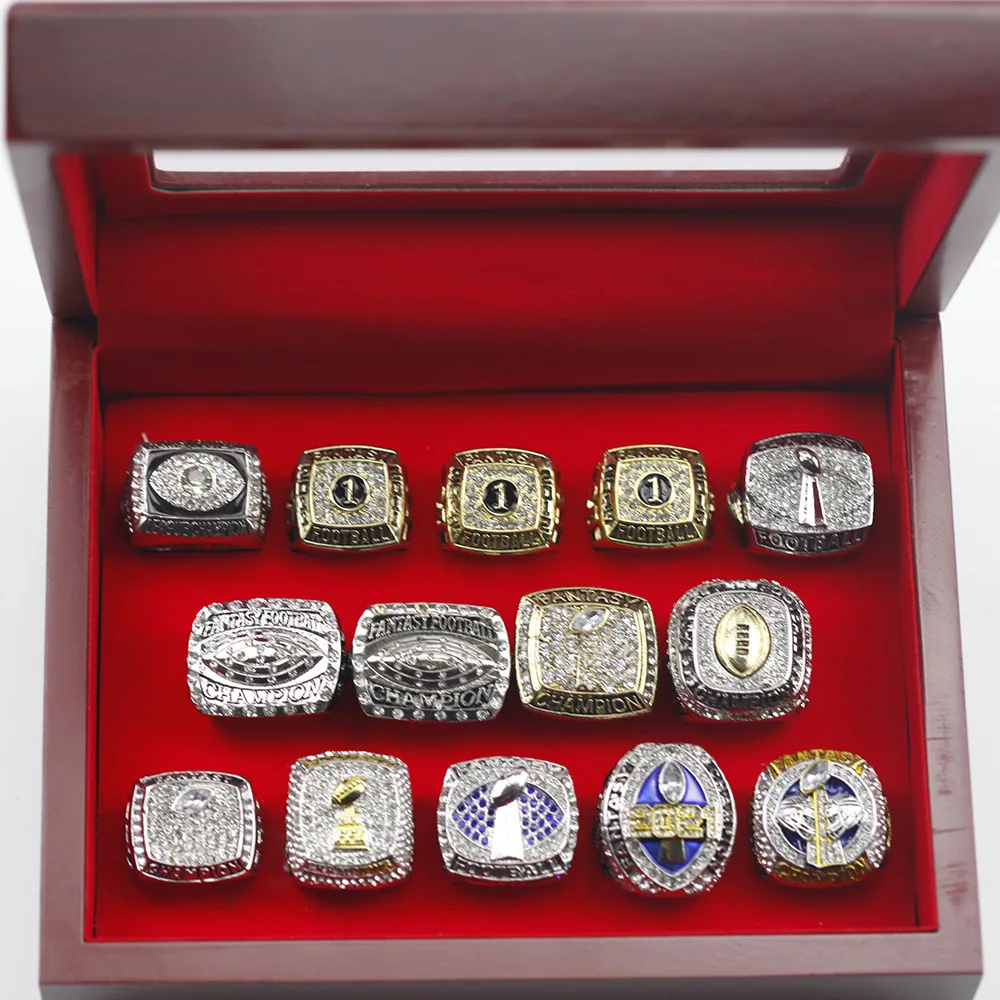 14 قطعة خواتم كرة القدم الخيالية 2010 إلى 2022 حلقات بطولة مجموعة FFL بطولة الكأس هدية مع صندوق عرض