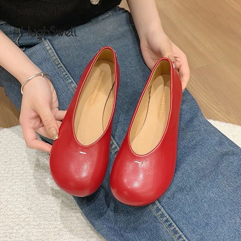 Red Round Toe Leather Ballet Shoes Woman Brand Design Soft Shallow Loafers Ladies Retro Slip-on Flat Zapatos with Stitch Details