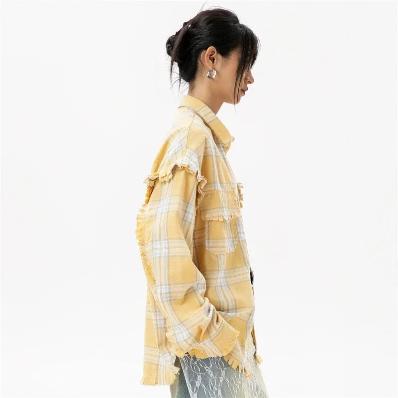 Elegant Women\'s Blouses 2024 Autumn 100 Cotton Yellow Plaid Shirts for Women Ladies Clothes in Offers Women\'s Long Sleeve Top