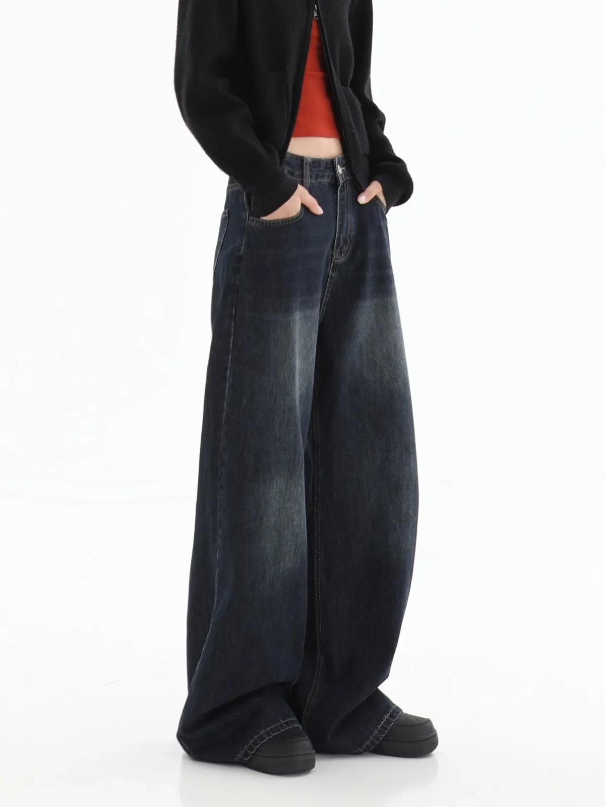 

Женские винтажные джинсовые брюки в американском стиле, повседневные мешковатые брюки большого размера с высокой талией и широкими штанинами, уличная одежда темно-синего цвета, Y2K