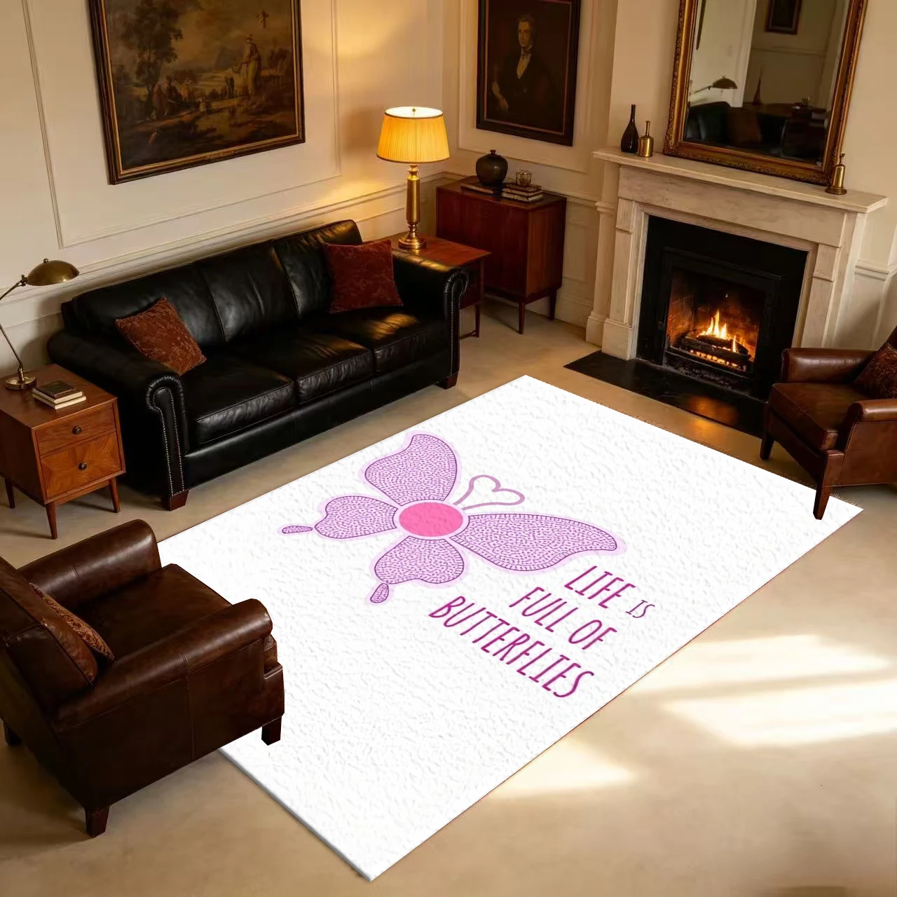 Purple Butterfly Letter Pattern Carpet, Inspirational Art Print Carpet, Suitable for Bedroom Salon Decoration