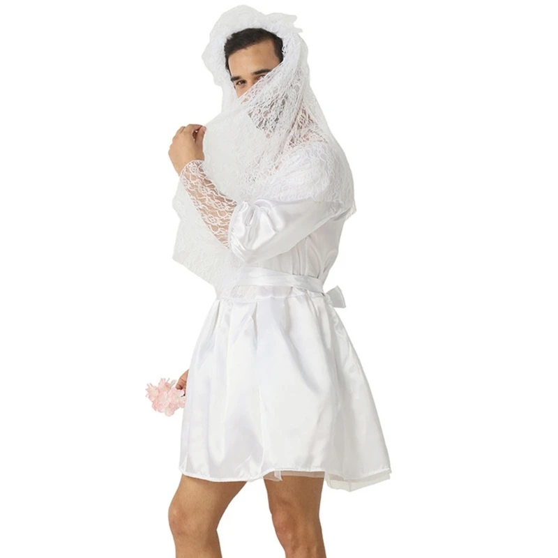 652f บุรุษเจ้าสาวลากควีนส์เจ้าบ่าวเครื่องแต่งกายตลกตลกชุดแต่งกายเจ้าสาวผ้าคลุมหน้าชุดแต่งงานสีขาวพร้อมเข็มขัดสำหรับผู้ชาย