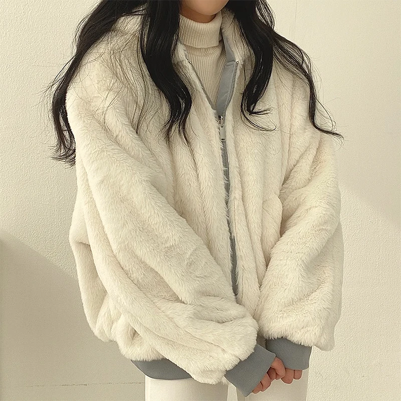 

Chic Autumn Winter Hooded Double-Sided Wear Fce-Lined Cotton Jaet Women's Loose Fit Long Sve Commute Sle Korean Ver...