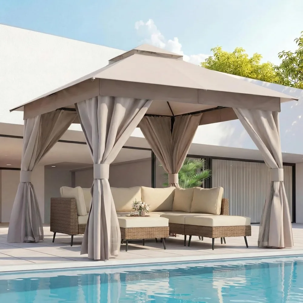 10x10 Gazebo Canopy Metal Frame Heavy Duty Patio Tent with Double Roof Mosquito Netting Privacy Screen for Backyard Garden Khaki