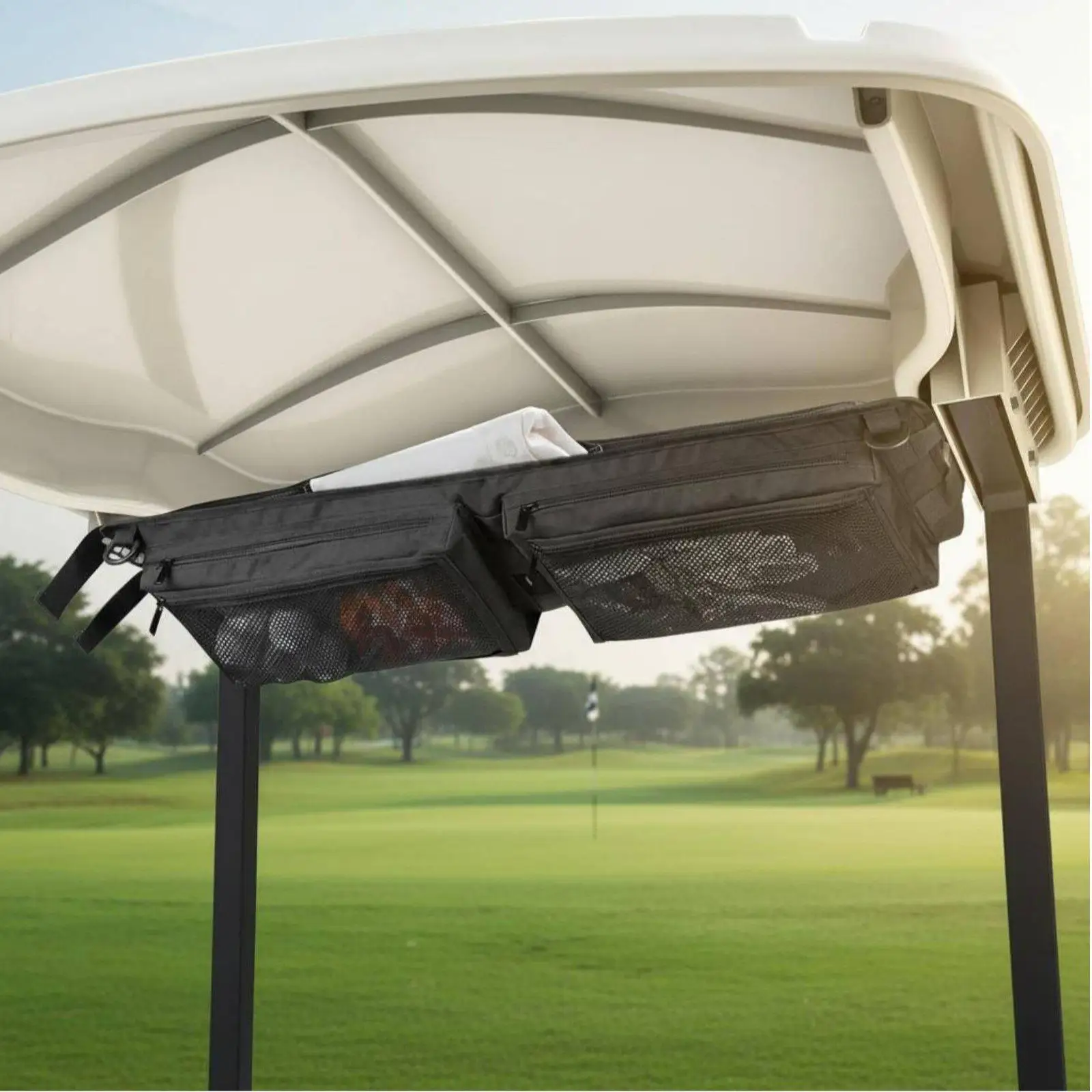 Golf Cart Roof Storage Organizer Case with Mesh Pockets and D Loop for Keys Fits Most Standard Golf Carts 600D Nylon Black Golf Cart Roof Storage Organizer Case with Mesh Pockets and D Loop for Keys Fits Most Standard Golf Carts 600D Nylon Black