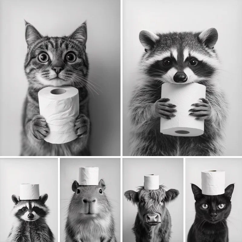 Vintage Bathroom Black White Funny Animal Poster Prints Cat with Toilet Paper Funny Canvas Paintings Wall Art Toilet Home Decor