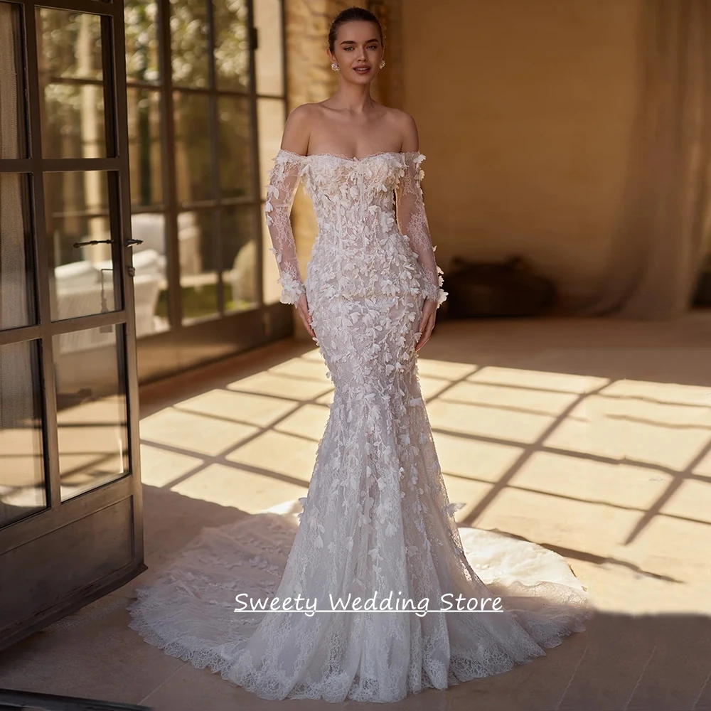 Customized Luxury Lace Mermaid Wedding Dresses Sweetheart Long Sleeves Court Train Robe Mariee Woman Bride Bridal Gown