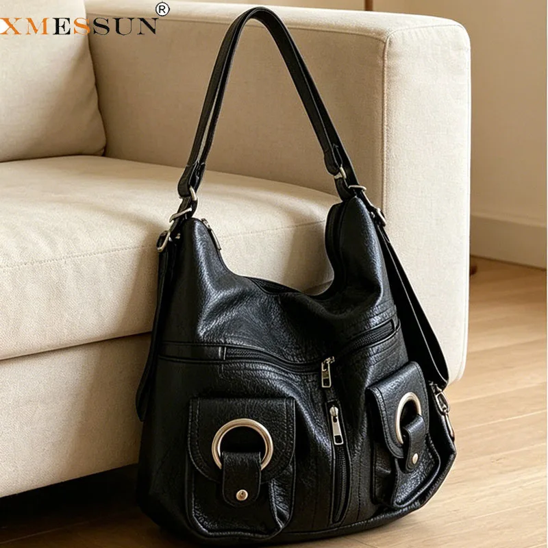 XMESSUN New Vintage Soft Leather Shoulder Bag forWomen, Multifunctional Square Tote Bag, Waterproof Wear‑resistant Ladies Bag