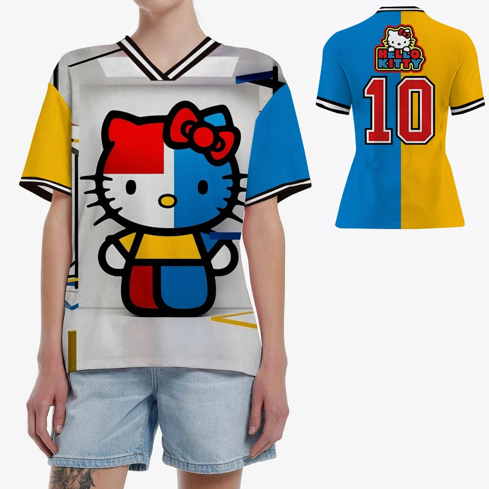 

Summer fashion women's Hello Kitty flat neck football jersey casual sports short sleeved Harajuku loose T-shirt street top