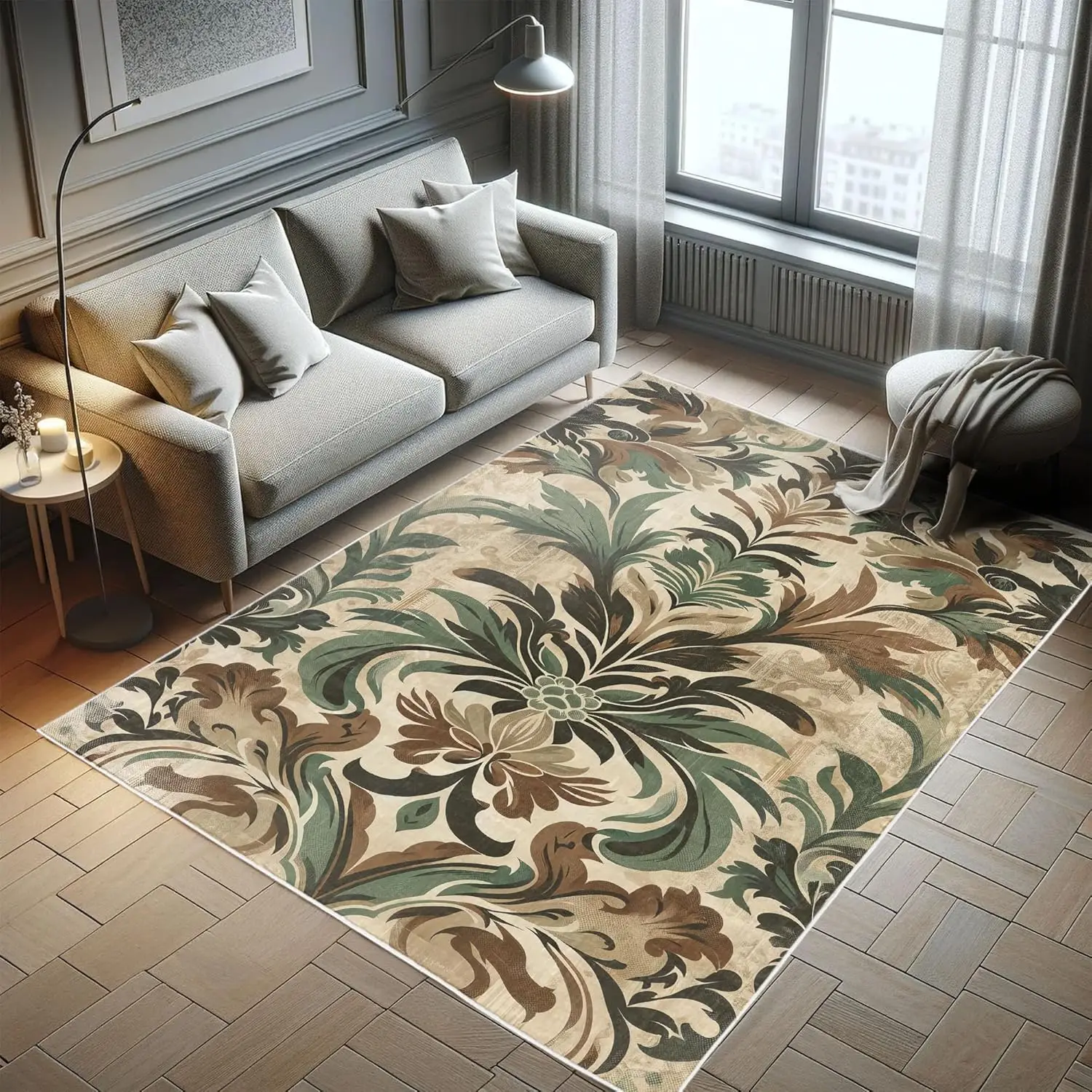 Bohemian Decorative Rug, Watercolor Boho Leaves Damask Like Art in Fall Colors Autumnal Vibes, Quality Carpet for Bedroom Dorm