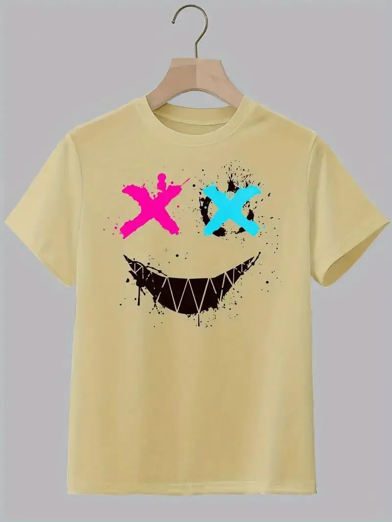Cross Eyes Smile Face Print, Men\'s Graphic T-shirt, Casual Comfy Tees Tshirts for Summer, Men\'s Clothing Tops