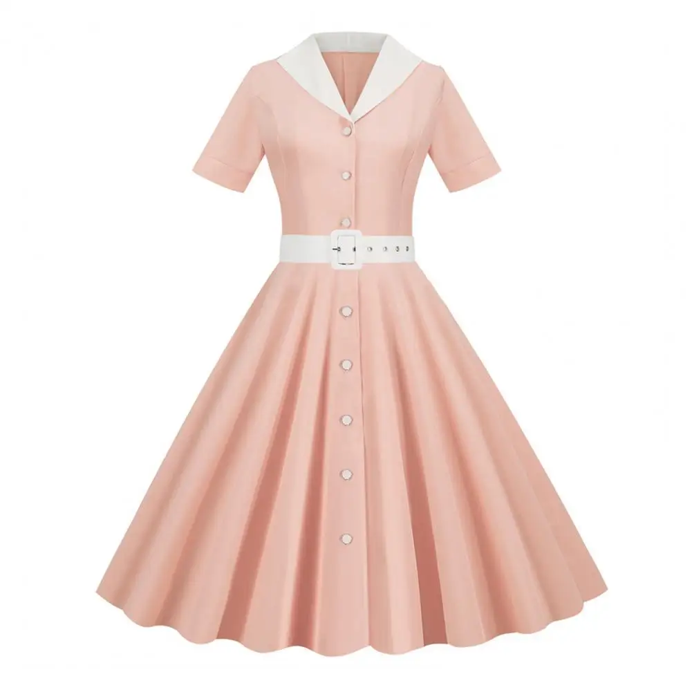 Women Dress V Neck Lapel Single-breasted with Belt A-line Tight High Waist Dress Retro Short Sleeve Princess Lady Midi Dress