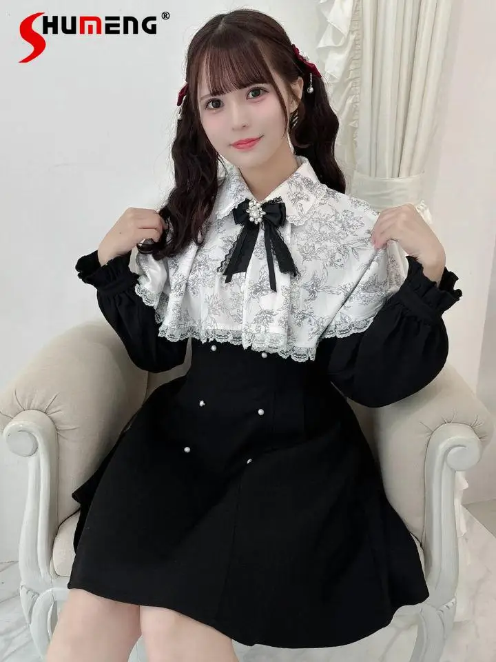 Japanese Mine Style Mass-produced Detachable Shawl Cape Neck Long Sleeve High Waist Slim Fit Sweet Cute Lolita Short Dress Women