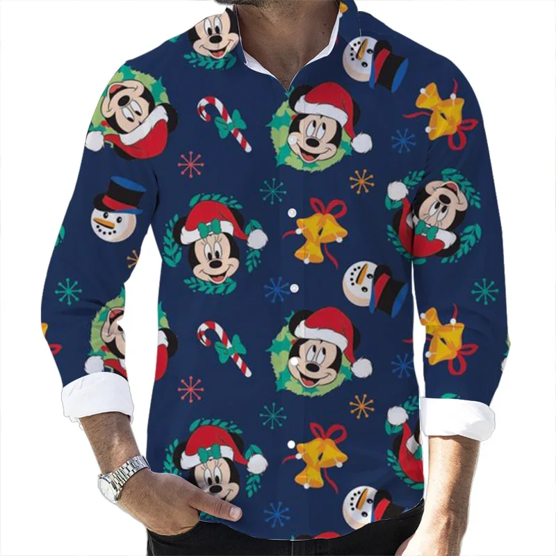 

New Christmas Fall Fashion Popular Disney Brand Stitch and Mickey 3D Printed Long Sleeve Lapel Shirt Slim Fit Men's Top 2024