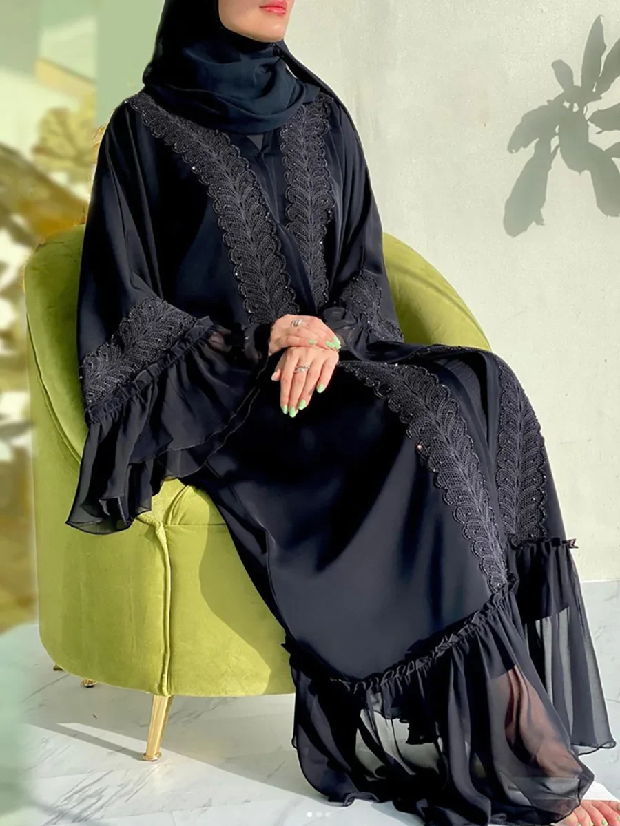 Eid Muslim Black Abaya for Women Djellaba Morocco Dress Dubai Embroidery Flare Sleeve Lace Abayas Dubai Islam Robe with Belt