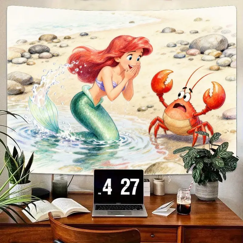 

1PC Disney Ariel The Little Mermaid & Sebastian Tapestry, Cute Cartoon Polyester Wall Art for Girls Room Decor, Fan Gift.