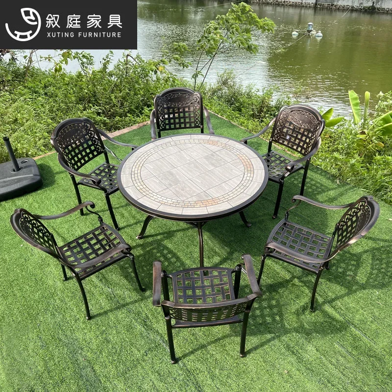 Outdoor cast aluminum tables and chairs courtyard outdoor garden leisure three-five-piece balcony waterproof sunscreen wrought i