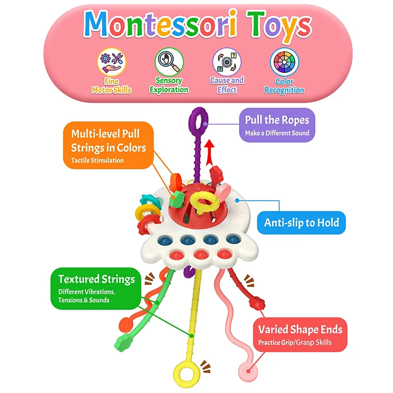 Baby Sensory Montessori Toy Pull String Silicone Teething Toy, Educational Bath Learning Birthday Gift for Infant Toddlers