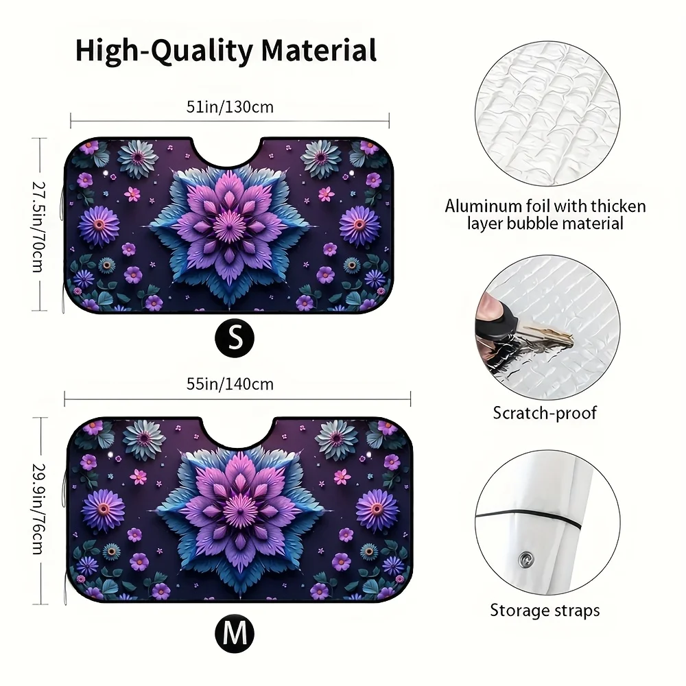 1pc Bohemian Mandala Car Sun Shield - Vibrant Purple & Blue For Lotus Design, Heat Blocking Polyester Fabric With Suction Cups,