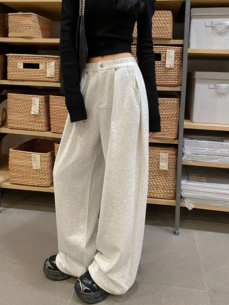 2026 New Women Gray Lazy Style Floor Pants High Waist Drape Straight Loose Slimming Casual Sweatpants