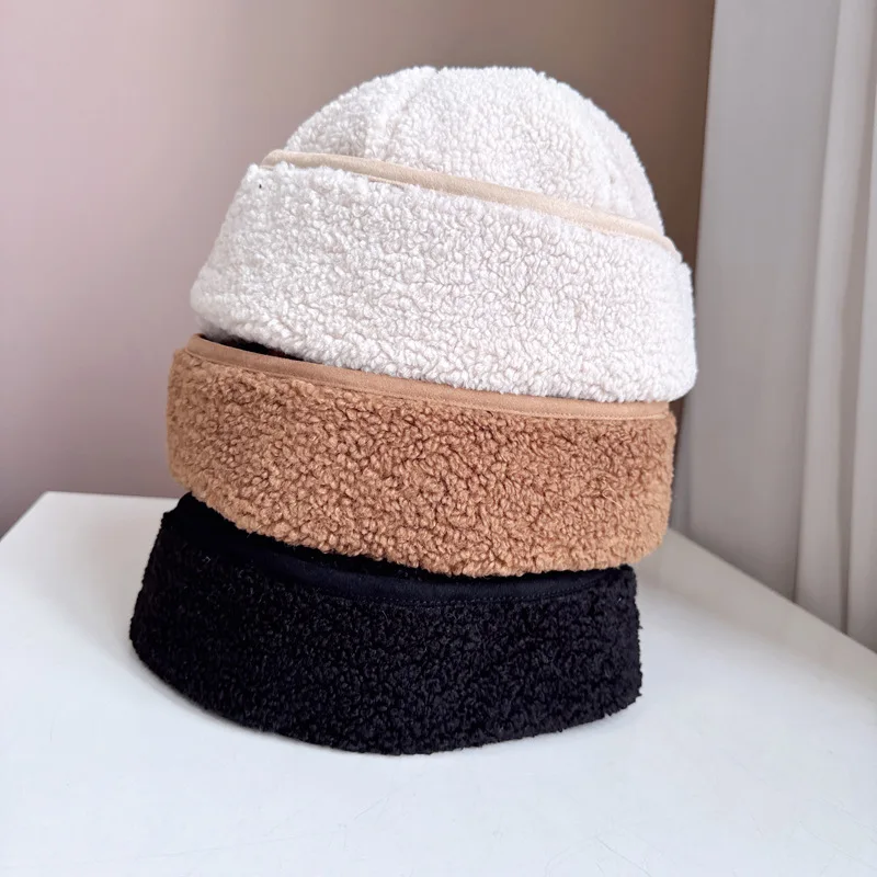 Korean Wheat Fleece Melon Fur Hat for Men and Women Autumn Winter Fleece Warm Landlord Hat PU Edge Bag Head Beanie Hat Tide