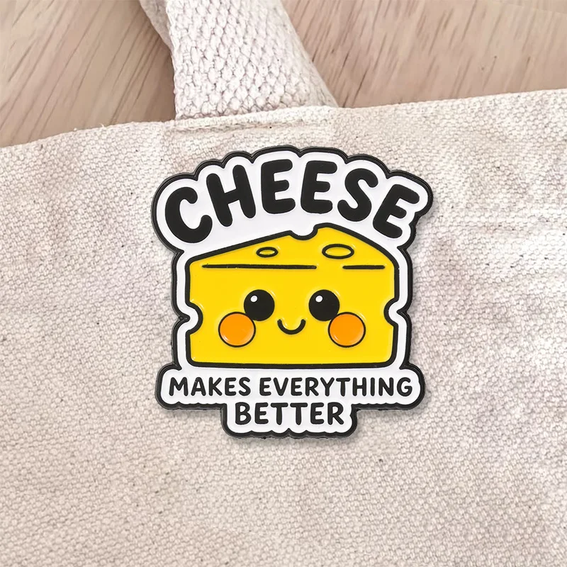Happy Cheese Cartoon Food Enamel Badge Cute Funny Cheese Quote Alloy Brooch Lapel Pin Backpack Decor Gift For Friend