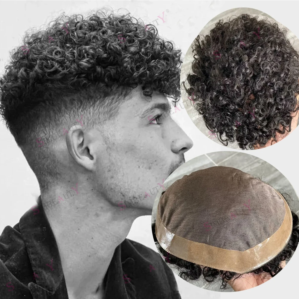 Peruca de cabelo humano afro encaracolado para homens, linha fina natural, peruca durável, renda mono fina, base PU, onda, sistema de prótese, 15mm