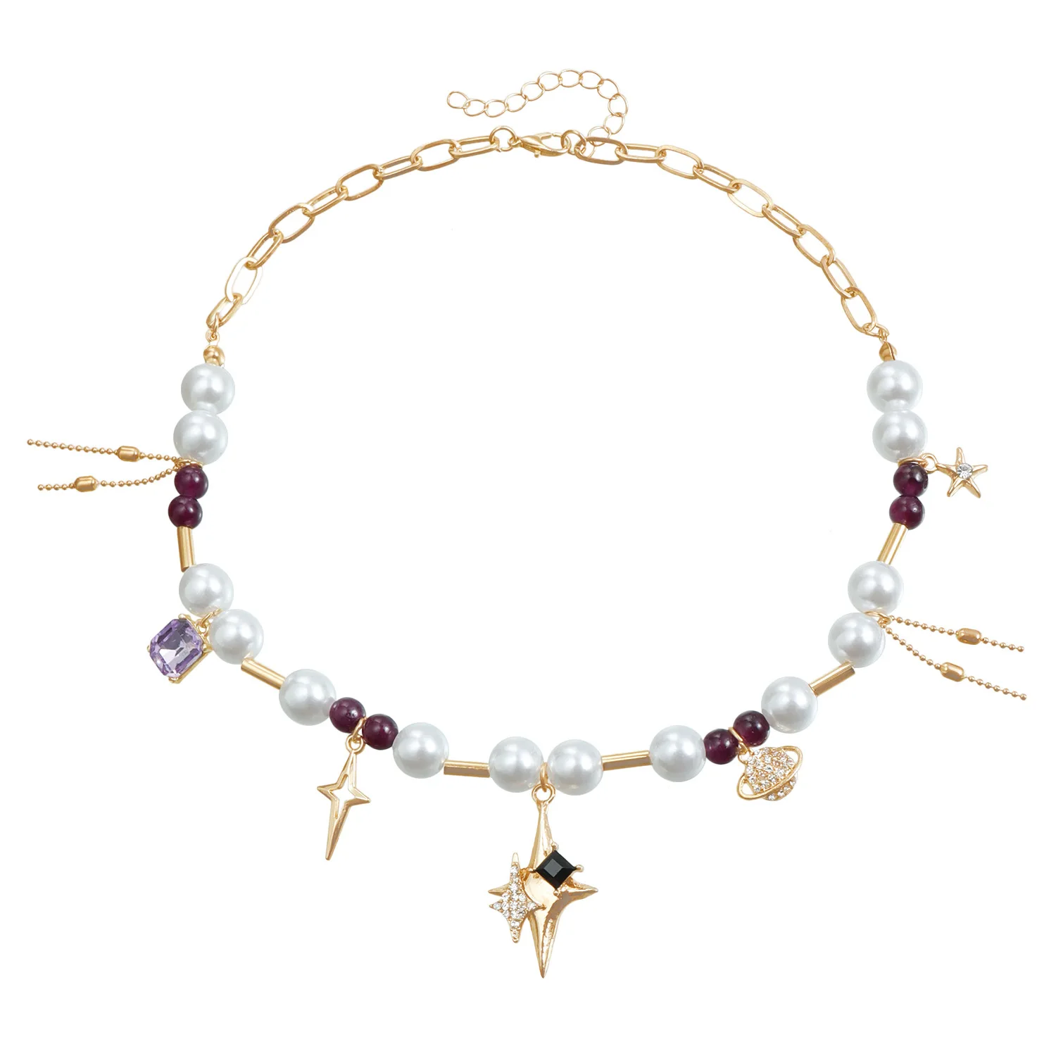 The latest fashion trend accessories Four-awned star ball imitation pearl opal splicing personality fringe necklace