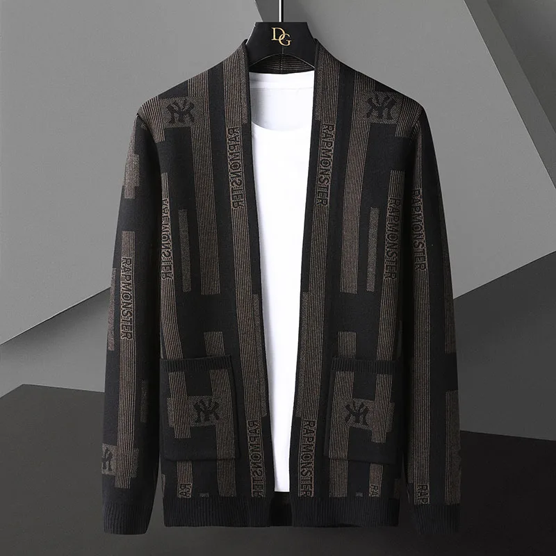 

2022 New Fall Winter Fashion Men's Slim Fit Knitted Cardigan High-end Business Striped Sweater Cardigans Soft Warm Male Clothing