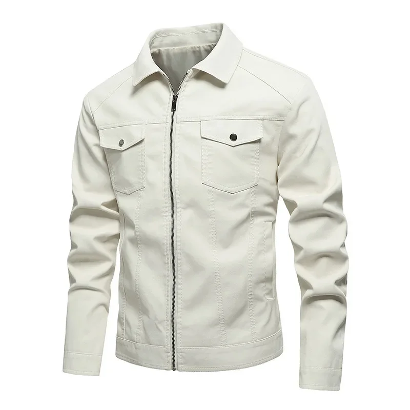 Autumn Men Leather Coat New Simple Solid Color Turn Down Collar Washed Male Jacket Motorcycle Punk Long Sleeve Man Outerwear