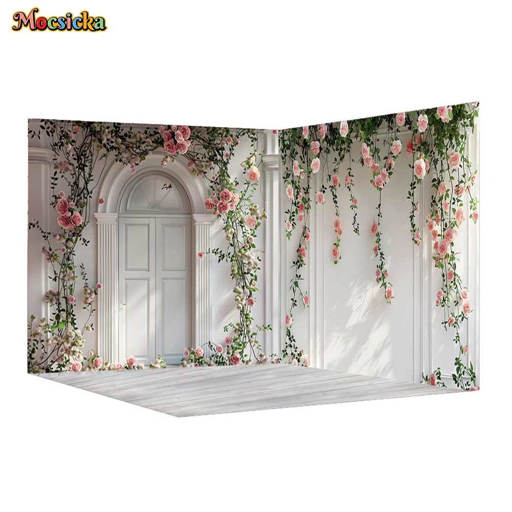 Retro Pure White Wedding Flower Wall Background Photography Pink Floral Green Branches Backdrop Decor Girl Bridal Show Studio