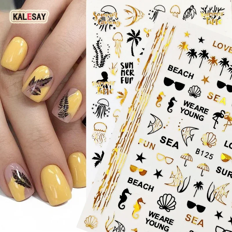 2025 Nail Art Stickers Sea Grass Gold Black Nail Decal Starfish Hippocampal Shell Nail Sticker Manicure Design Decals for Nails