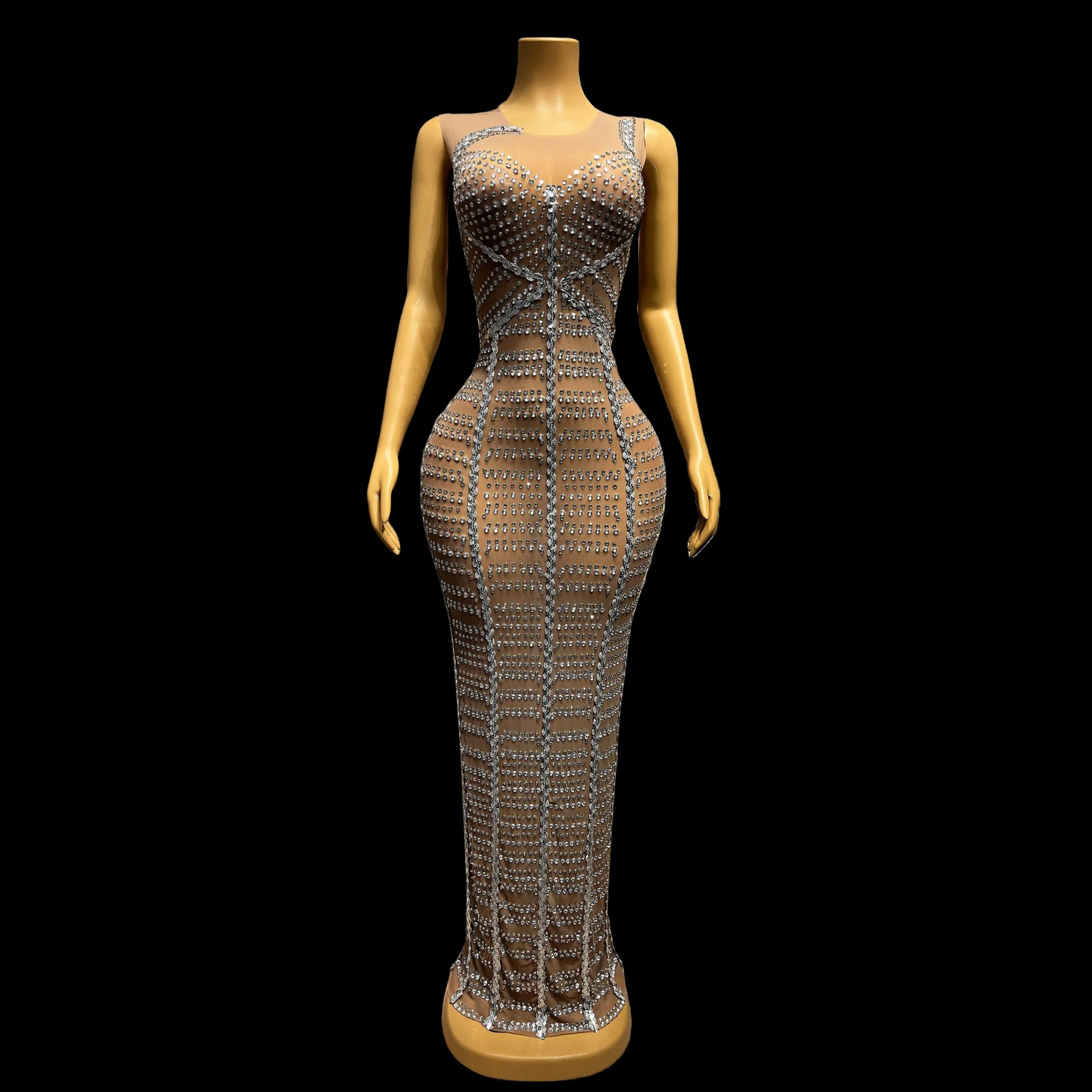 

Silver Sequins Rhinestone Dress Transparent Fashion Evening Party Holiday Birthday Celebration Dance Sexy Outfit zhulian