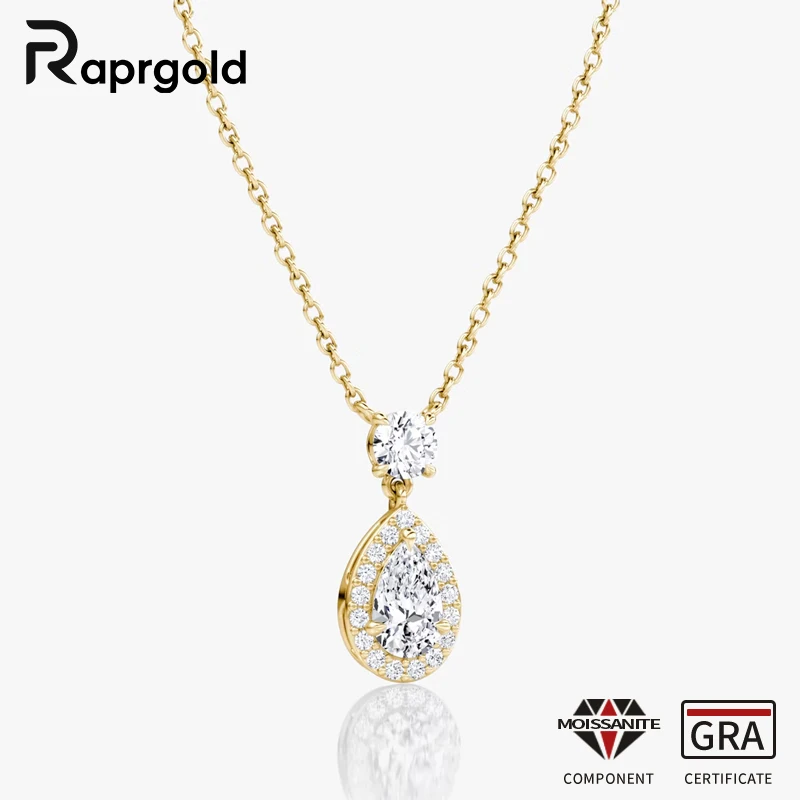 RAPRGOLD GRA Certified 6x9mm 1.5CT Pear Moissanite Pendant Necklaces for Women Chains Fine Neck Jewelry Gifts with Certificates