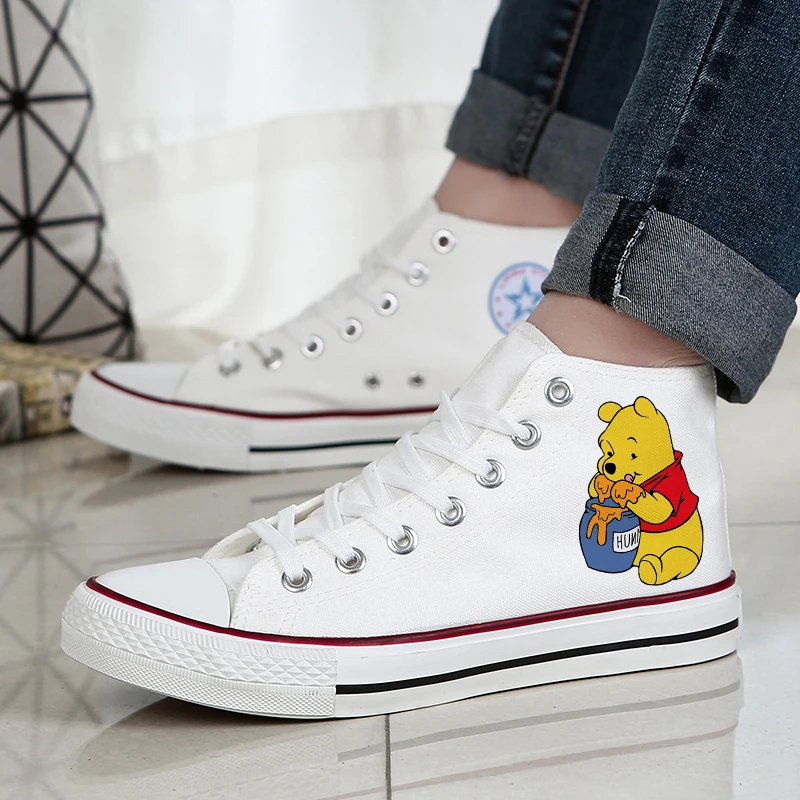 

Винни теннисные дышащие спортивные вулканизированные кроссовки мужские трендовые повседневные туфли для скейтборда с принтом «Пух» мужские и женские парусиновые ботинки