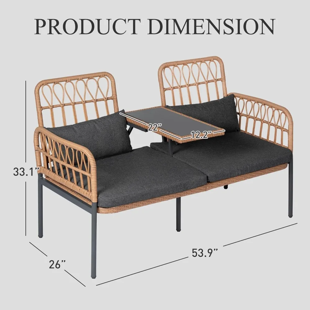 أثاث الفناء في الهواء الطلق الروطان Loveseat مقعدين مع طاولة مدمجة، وسائد قطنية ووسائد، مقعد Loveseat من الخيزران مناسب لجميع الأحوال الجوية