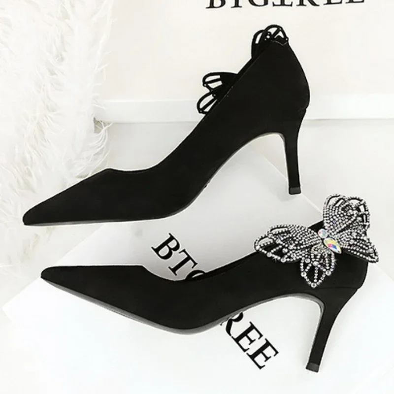 BIGTREE Shoes New Side bowknot Rhinestone Women Pumps Stilettos Heels 7 CM Elegant high heels Luxury banquet shoes party shoes