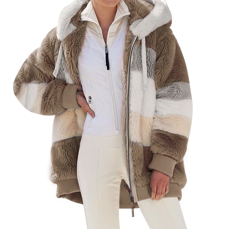 Damen mantel Herbst Winter warme lose Freizeit jacken Kontrast farben Reiß verschluss Kapuze Flusen Thermo mantel Kleidung
